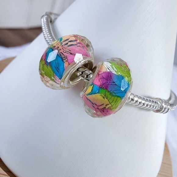 Rainbow Leaf Silver Bead Charm Fits Snake Chain Bracelet