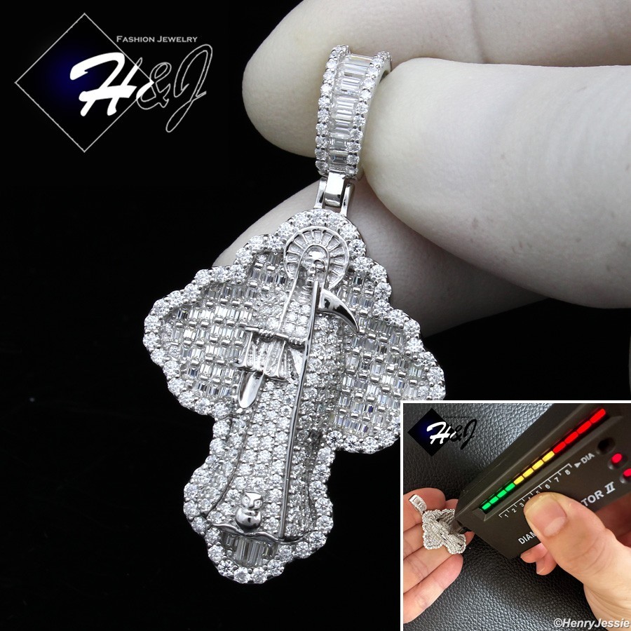 MEN SOLID 925 STERLING SILVER ICY BLING MOISSANITE 3D SANTA MUERTE PENDANT*MP550