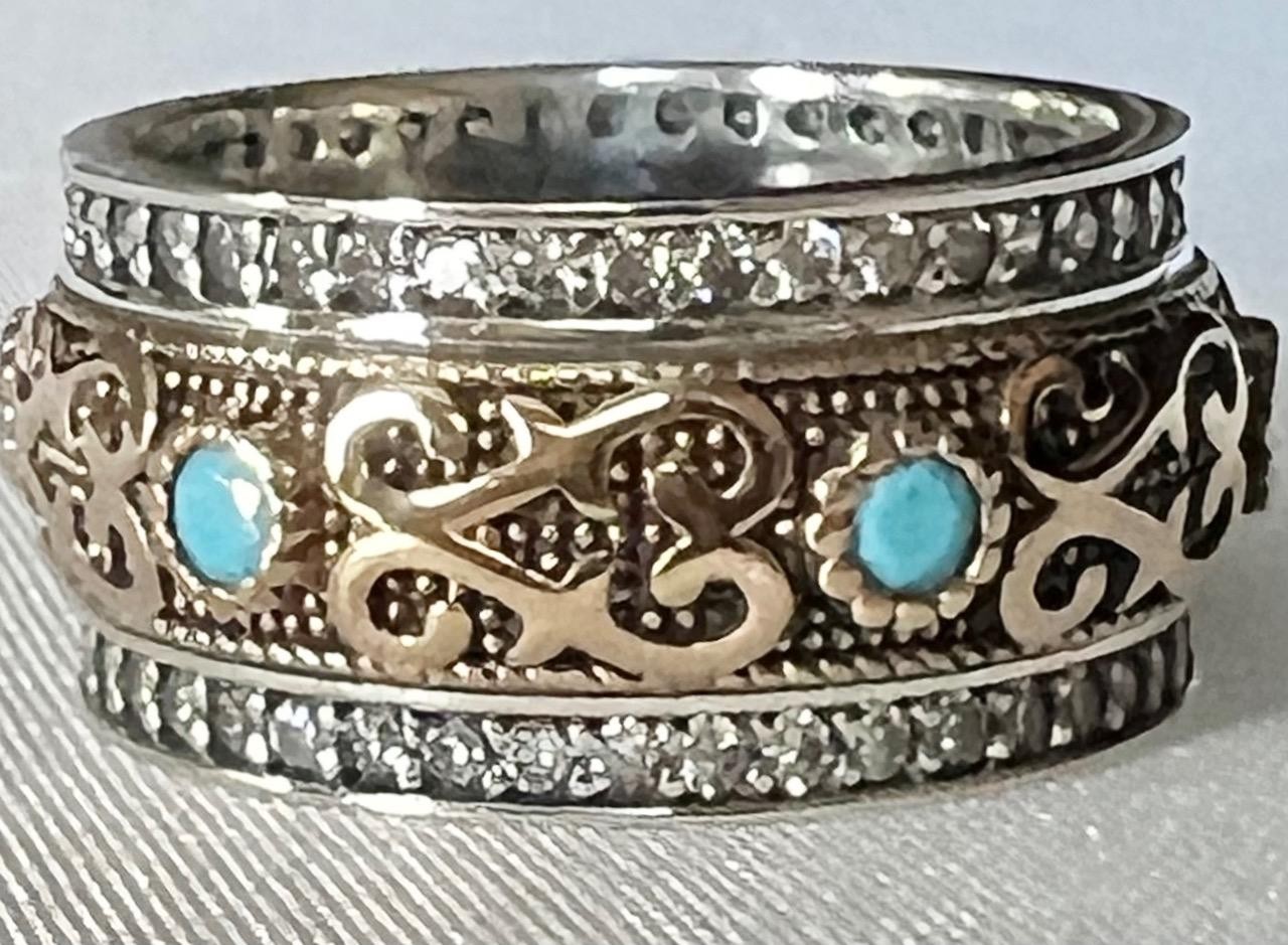 REAL Blue Turquoise & Diamond Solid 14K Y Gold 925 Ring Band Etruscan Rev. SZ 8