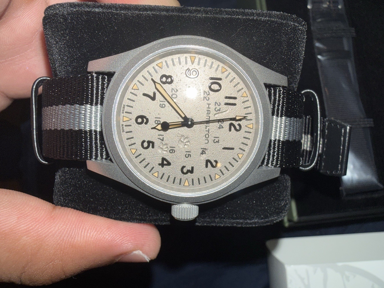 Hamilton Khaki Field Tokyo Alley Cat 38mm Black/Gray NATO Strap Box Papers