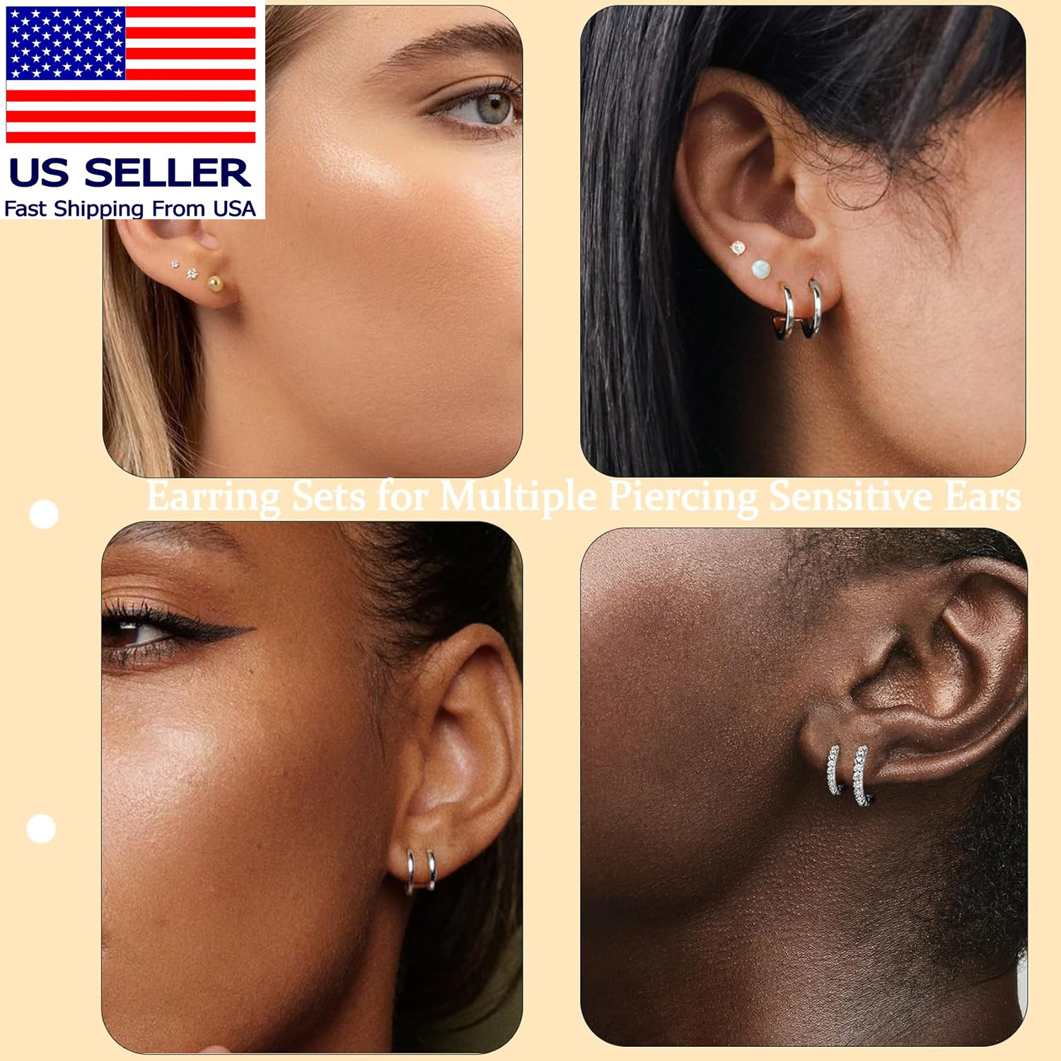 Surgical Steel Flat Back Earrings Set for Multiple Piercing Sensitive Ears,Sterl