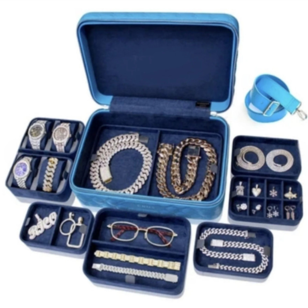 Baby Blue Luxury Travel Jewelry Case Organizer – Real Genuine Leather