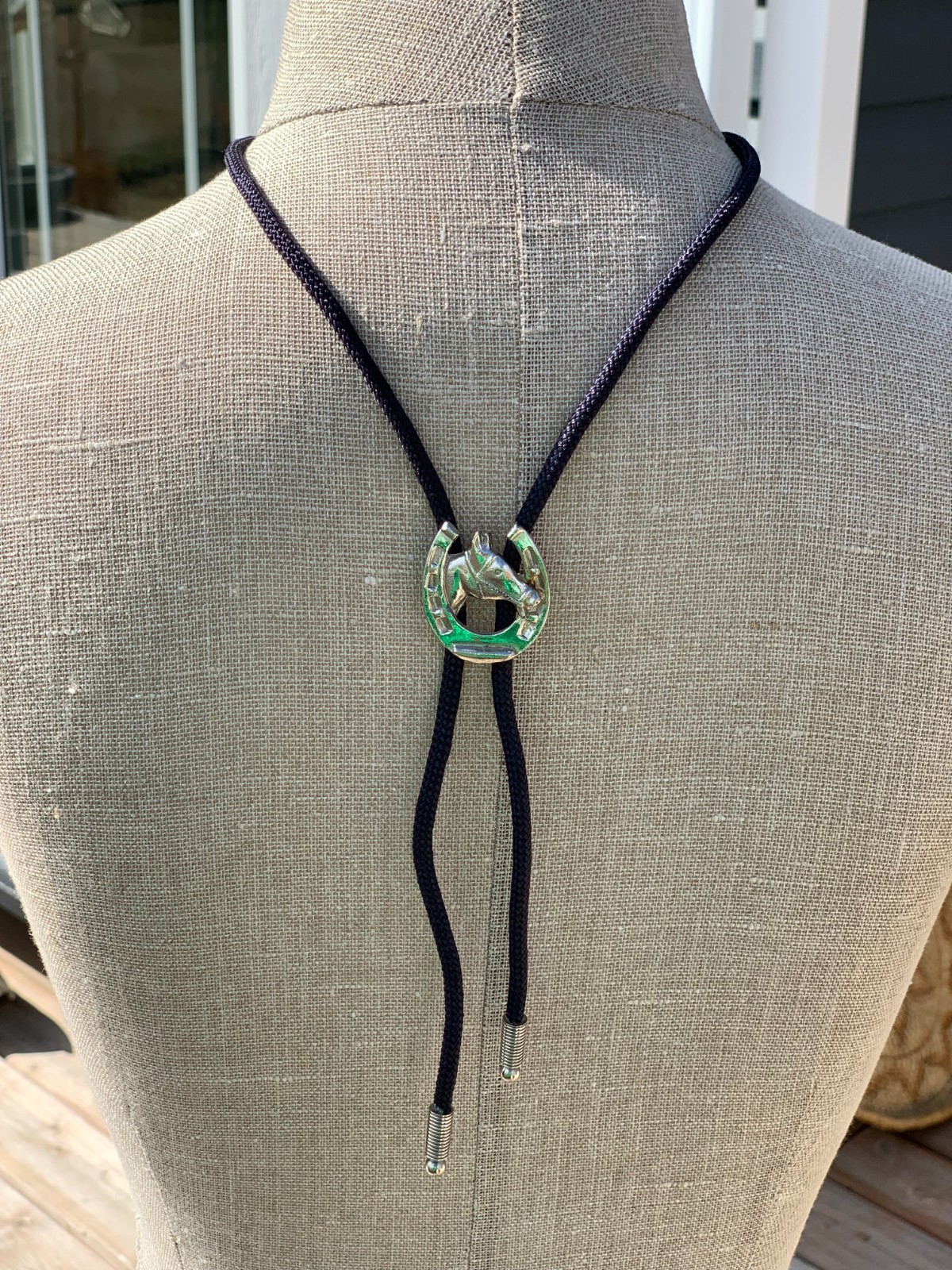Vtg Western Bolo Tie Black Silver Horse Head Horseshoe Boho Retro Southwestern