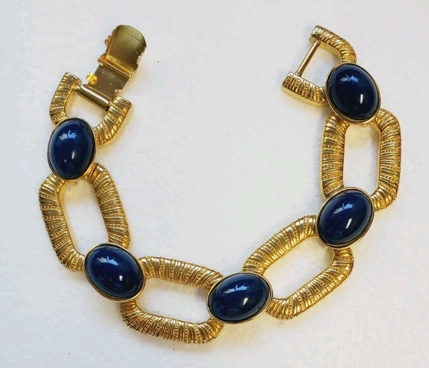 Vintage Erwin Pearl bold Bracelet Gold Tone Link blue cabochons
