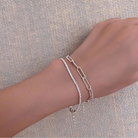 Sterling Silver 925 Textured Paperclip Link Chain Bracelet Adjustable Minimalist