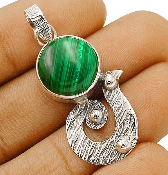 Natural Malachite 925 Solid Sterling Silver Pendant Jewelry