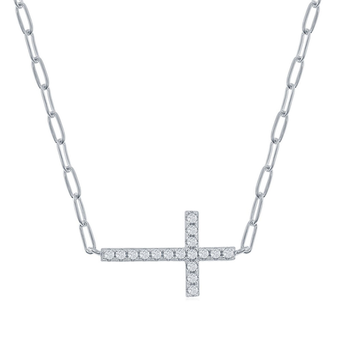 Classic Women’s Necklace Sterling Silver CZ Sideways Cross Paperclip M-6977