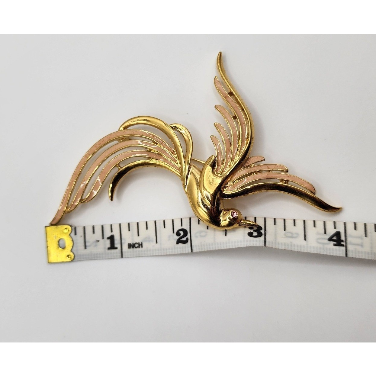 Vintage Trifari Bird of Paradise Brooch Gold Tone Pink Enamel Rhinestone Eye