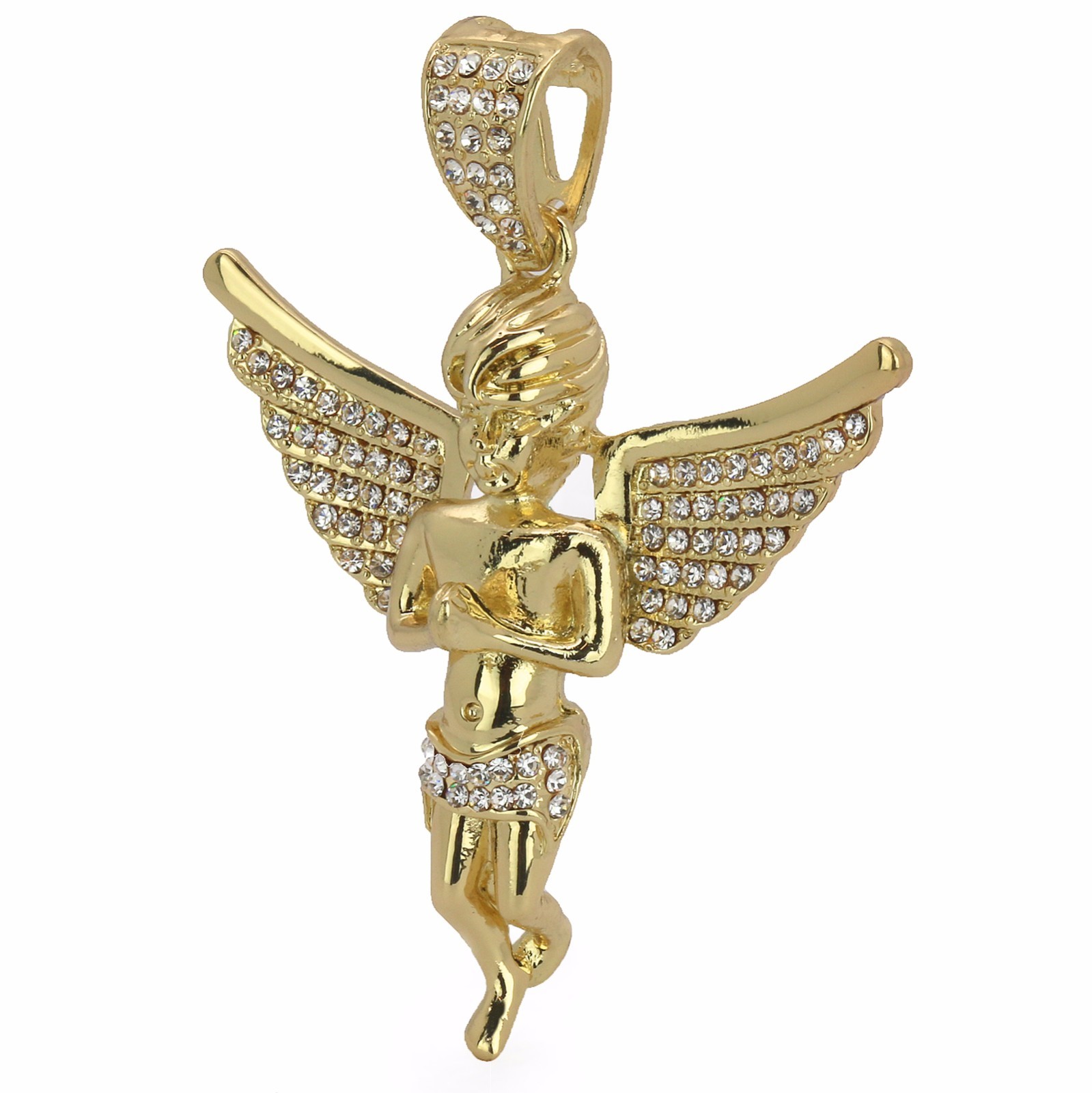 14k Gold Plated Big Hip Hop Angel Pendant Cubic Zirconia 30″ Cuban Link Chain