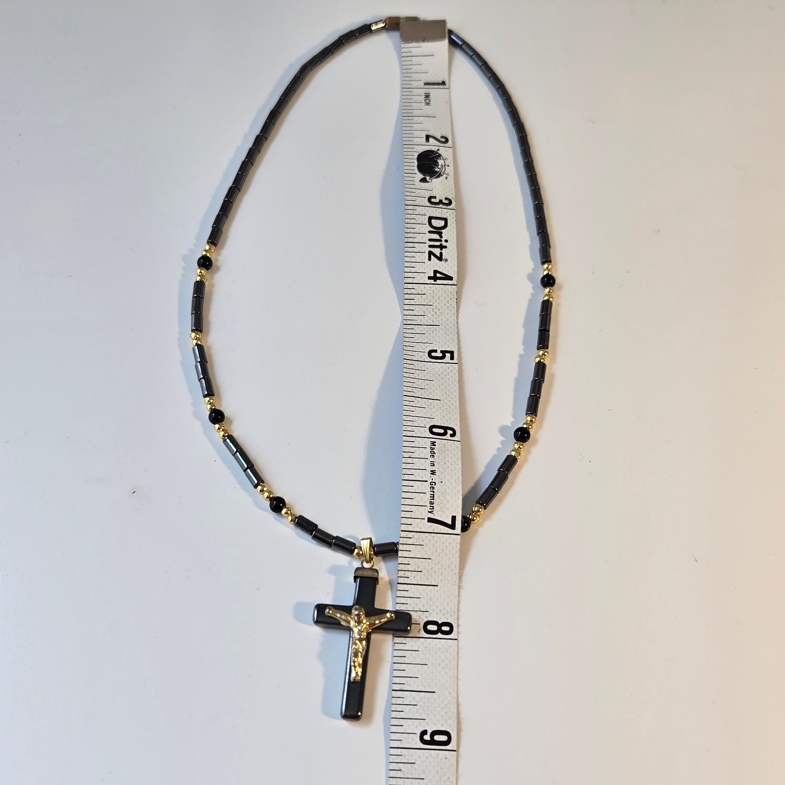 Vintage Cross Necklace Gray Black and Gold Beaded with Gold Jesus Pendant