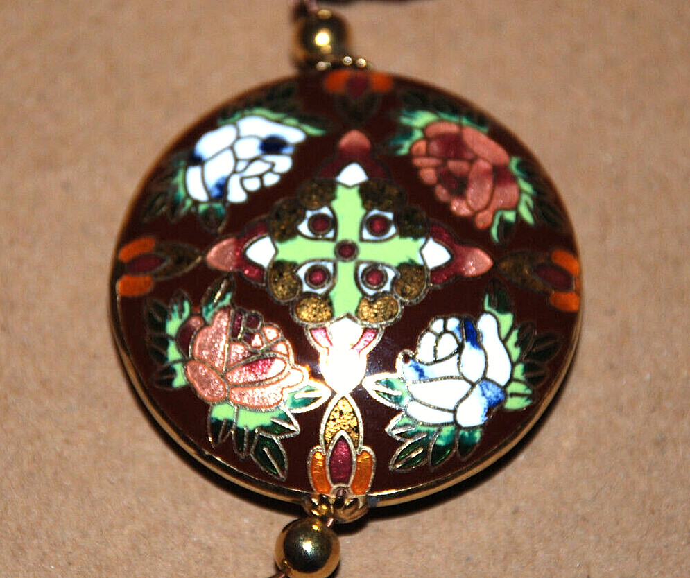 Cloisonne Asian Flower Tassel Necklace Pendant Enamel Gold Filled Silk Cord Boho