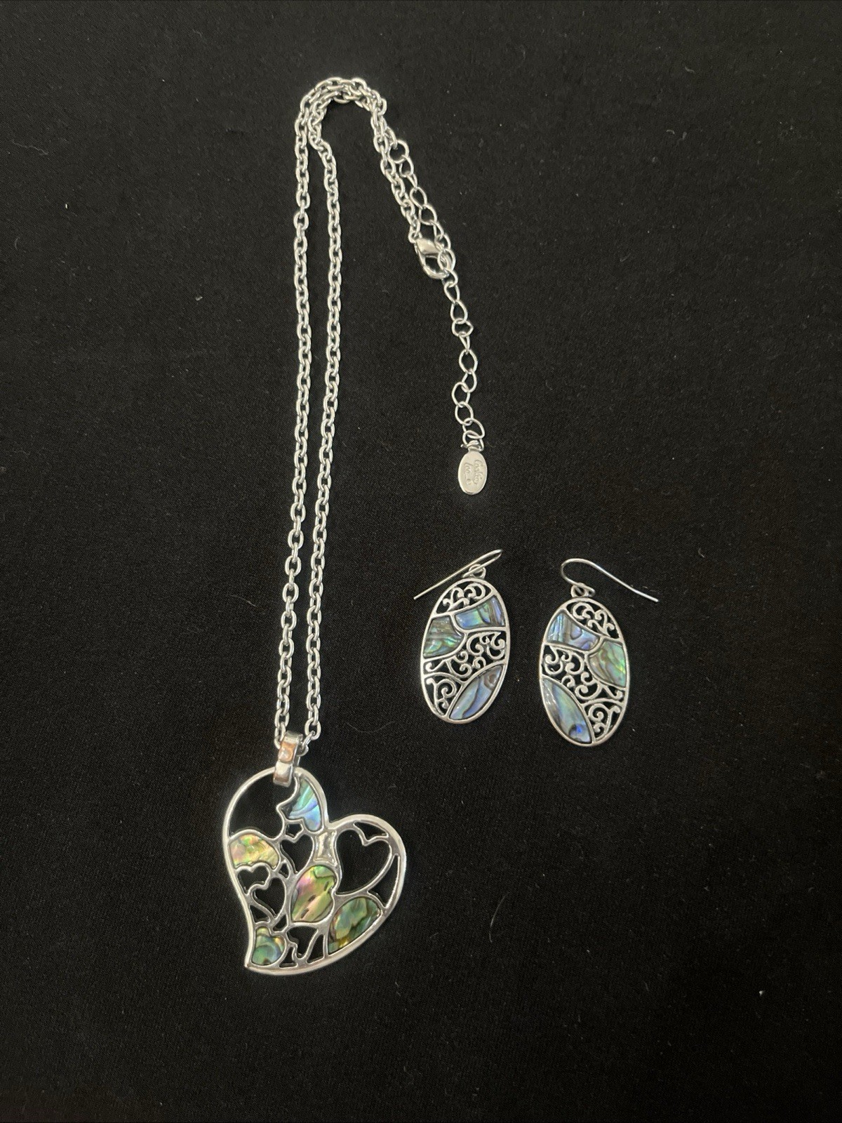 Abalone Shell Heart Pendant Necklace & Earrings Set Silver Tone Filigree 15–19”