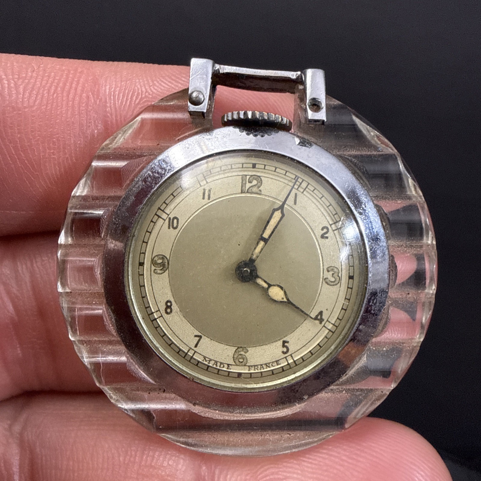 RARE! Art Deco Lucite Case ANDRE WYLER 15J Pendant Watch, Made In France-RUNS
