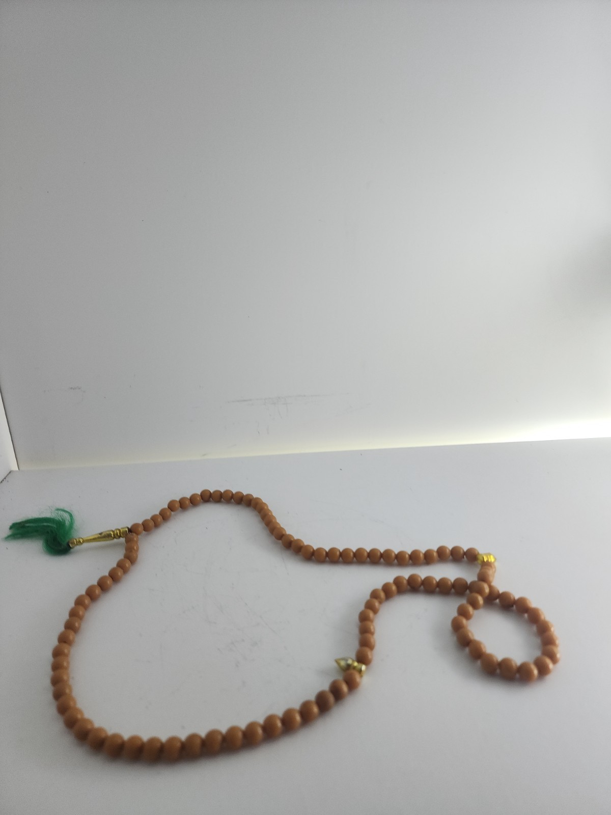 Brown Beige Beads Necklace Meditation Souvenir Green Tassel Gold Tone Charm