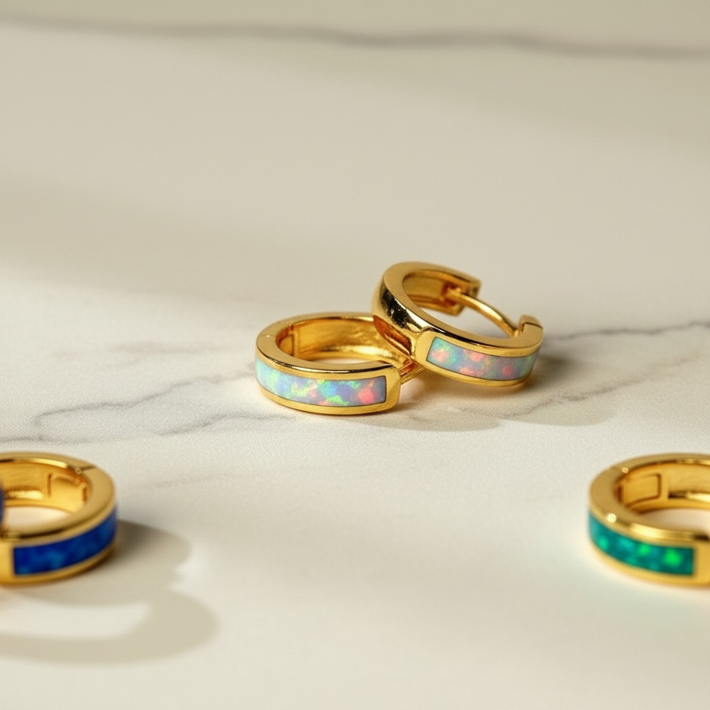 Opal Hoop Earrings | Elegant Silver Opal Huggie Set | Everyday White & Blue Opal