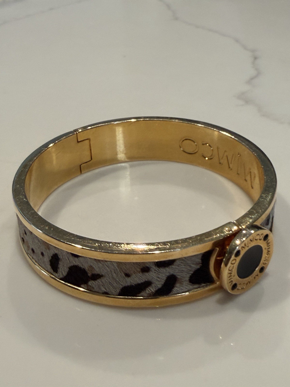 Mimco Gold Tone Hinged Bangle Cuff Bracelet Animal Print Inlay Signed Charm