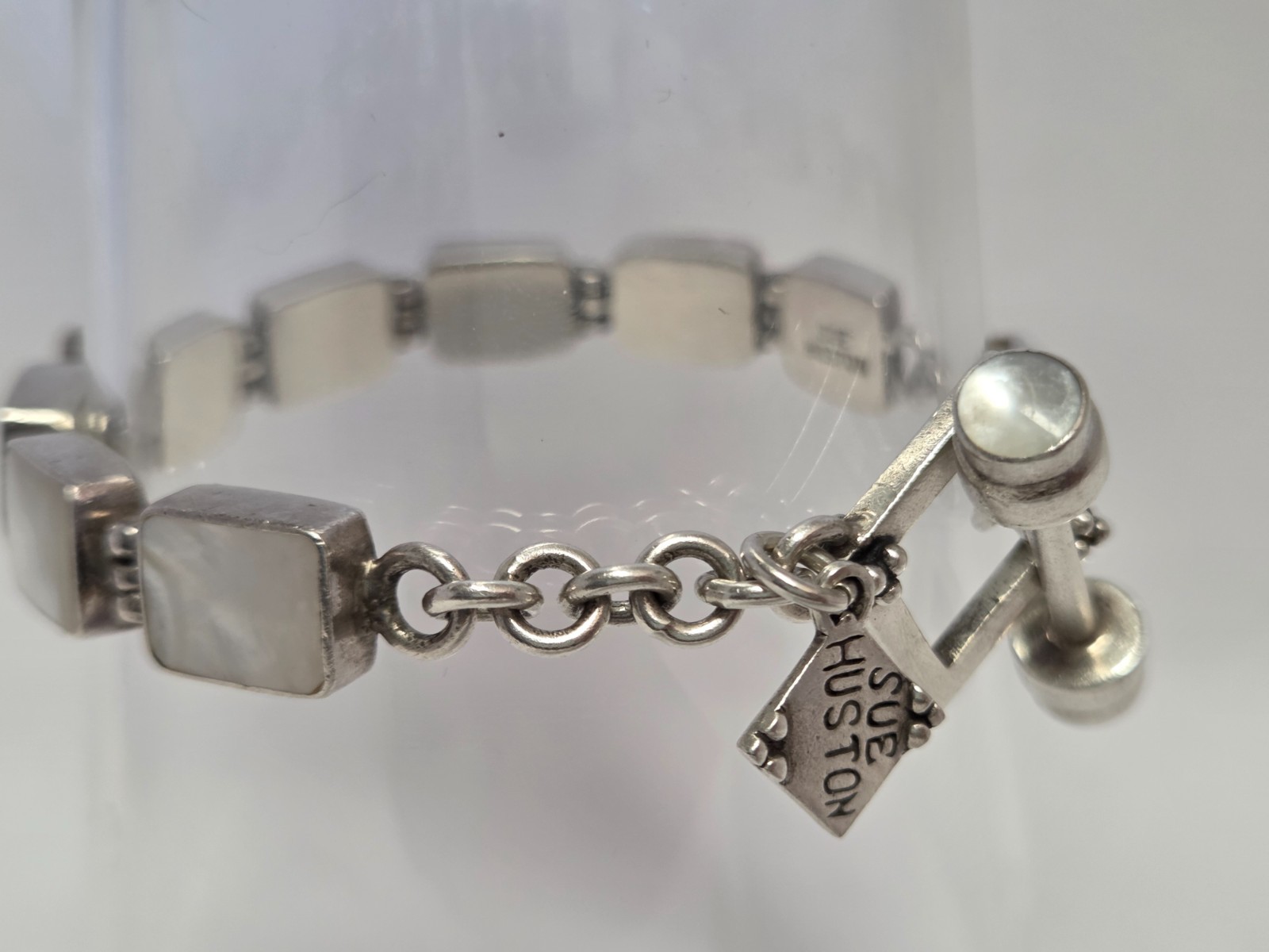 SUE HUSTON Sterling Silver Shell Inlay Bracelet 925 MOP Toggle Clasp 7″ L x3/8″w