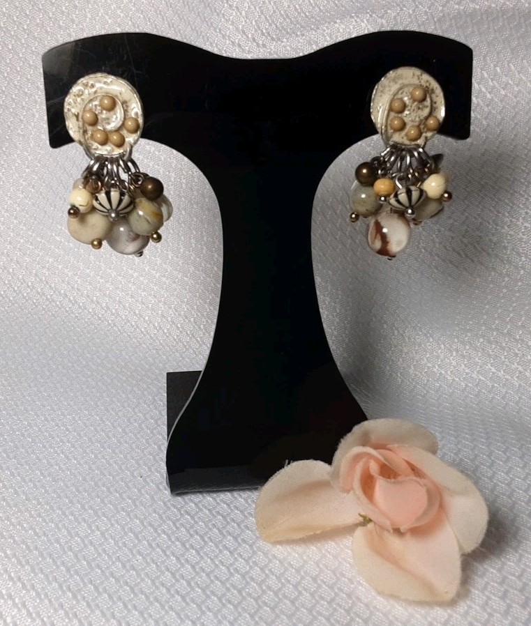 Earring Silver Tone Beige Tan Multicolor Different Shape Beaded Drop Dangle Clip