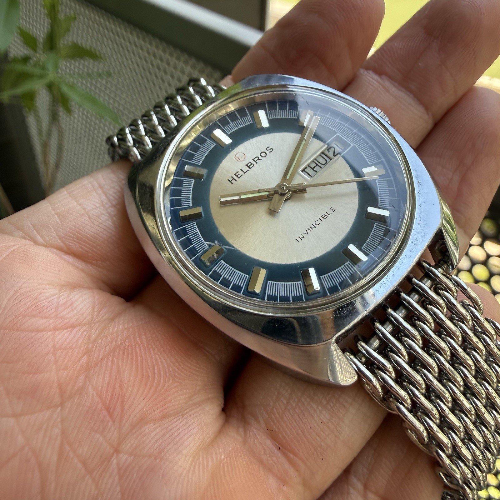 Vintage Helbros Invincible Day Date Stainless Steel Silver Blue Dial Men’s Watch