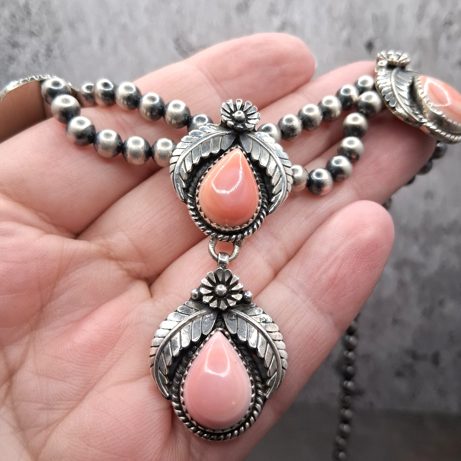Pink Conch Lariat Necklace 5mm Navajo Pearls 50g Sterling Silver Southwestern
