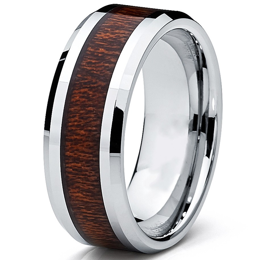 8MM Men’s Tungsten Carbide Ring Wedding Band Wood Inlay Sizes 7 to 13