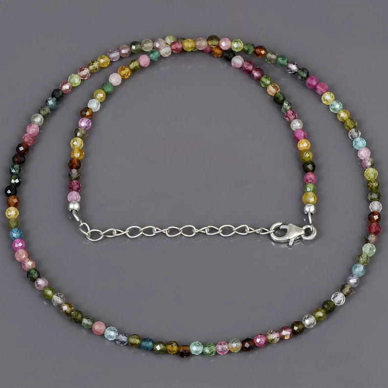 Natural Multi Tourmaline 3mm Round Beaded Necklace 925 Sterling Silver 18″ Gift