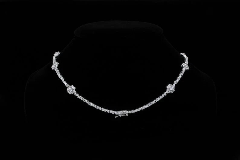 16 Ctw Lab-Created Round Diamond 14K Gold Plated Tennis Flower Necklace Women’s
