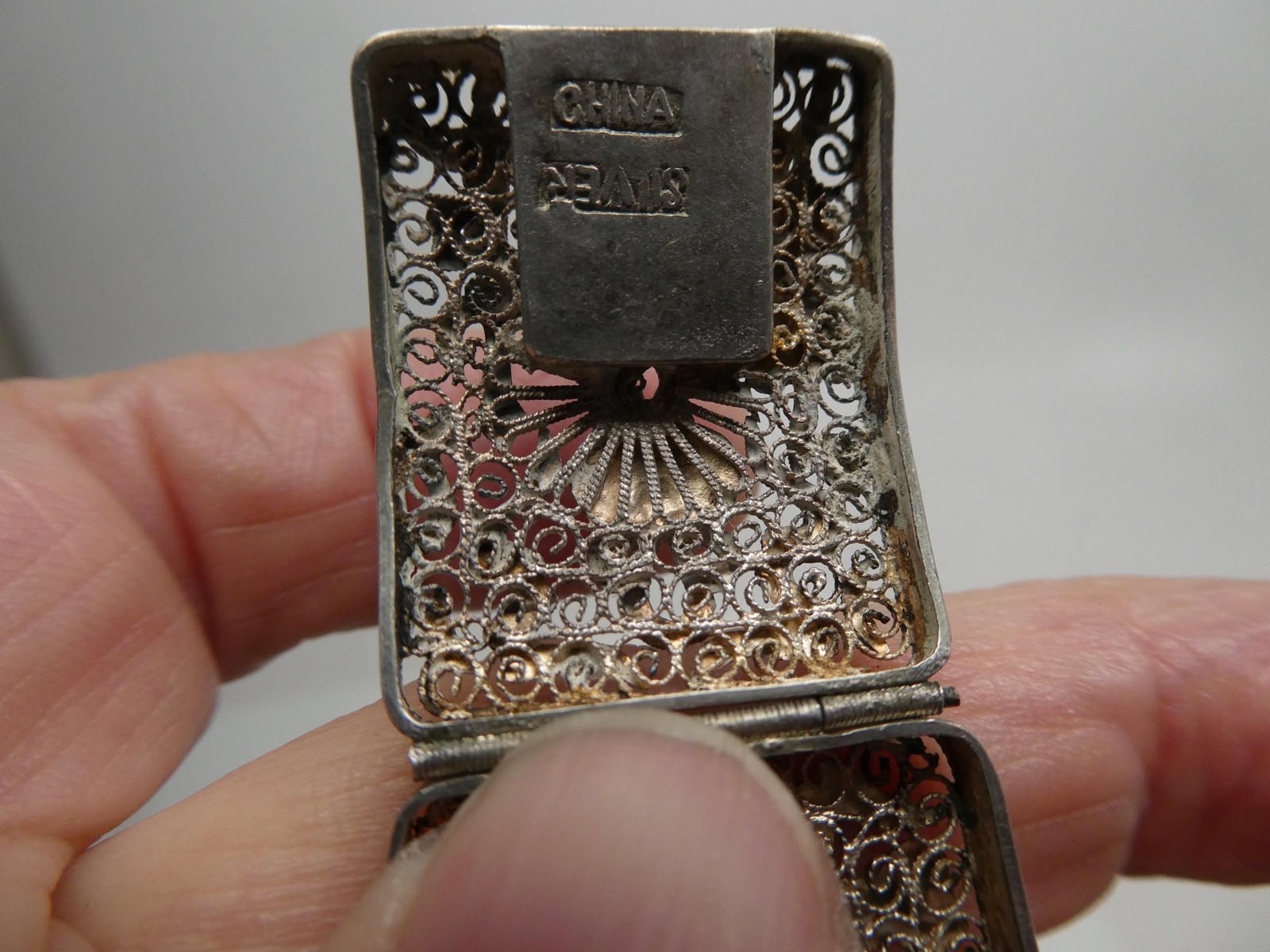 Vintage Chinese Export RARE Coral Lion Enamel Gilded Silver Bracelet Size 6.5″