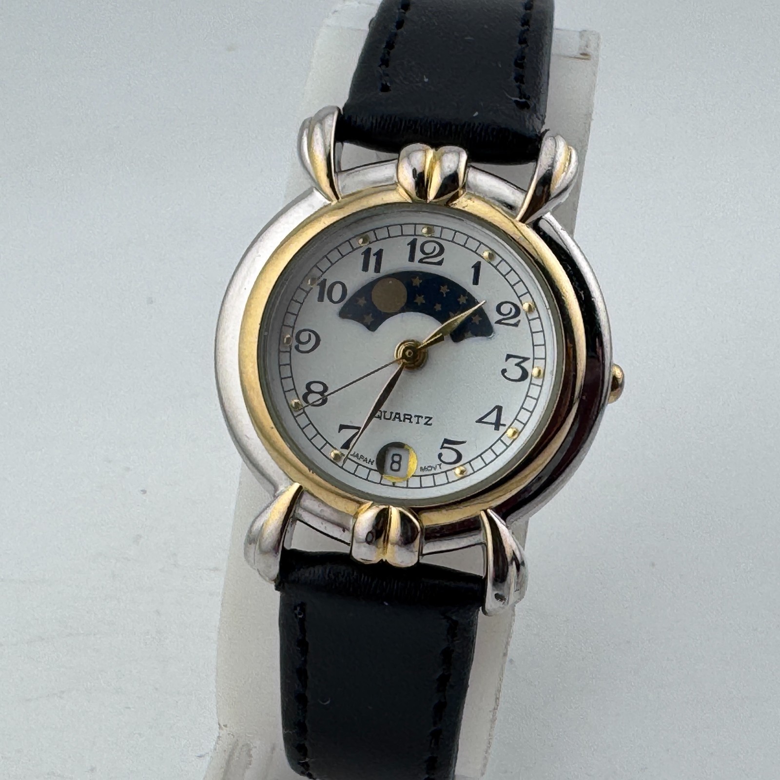 VTG Japan Movt Quartz Watch Women Moon Phase Dual Tone Leather Analog New Batter