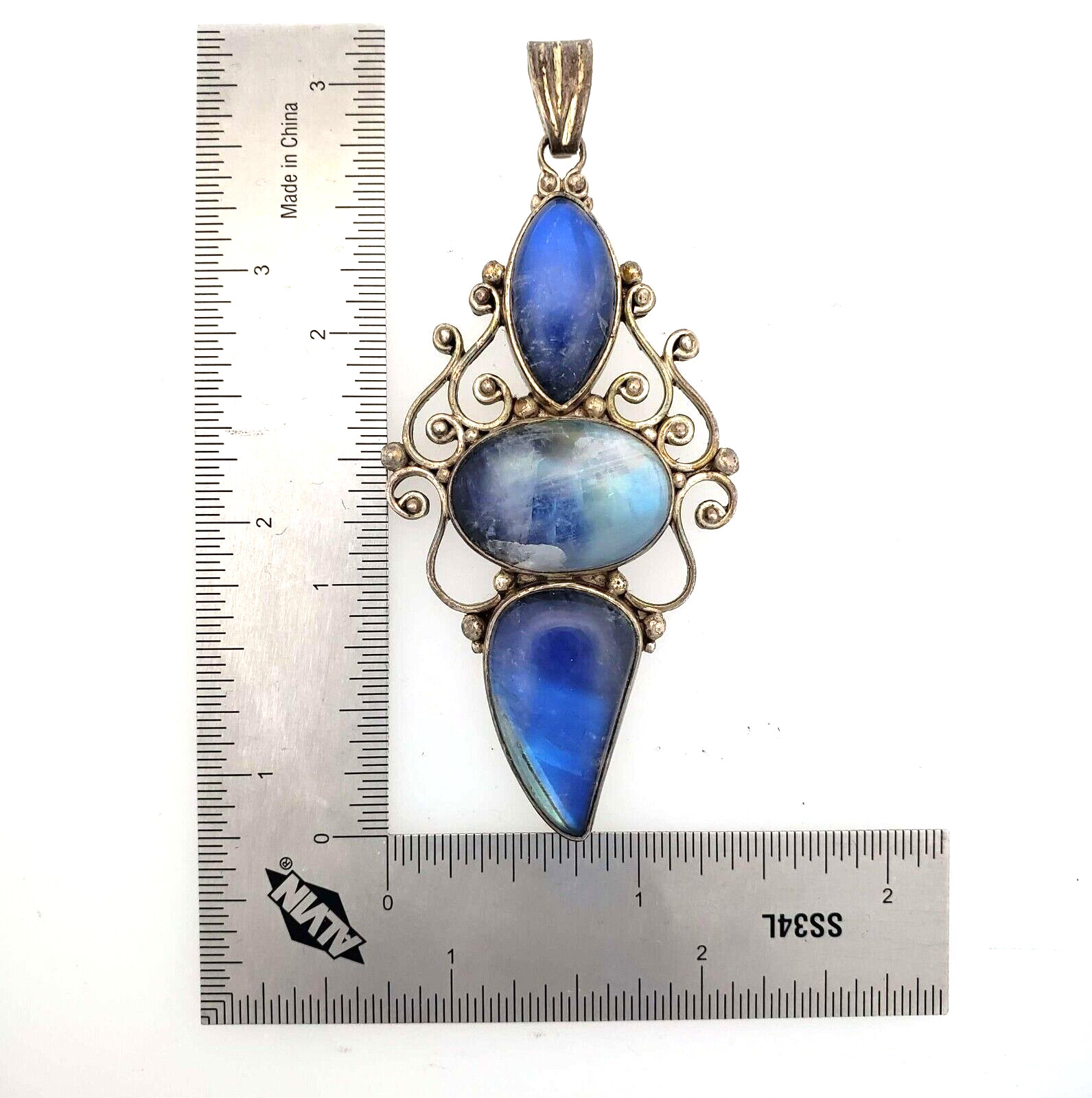 Vintage Handmade Sterling Silver 925 Three Stone Blue Labradorite Pendant PA-LP3