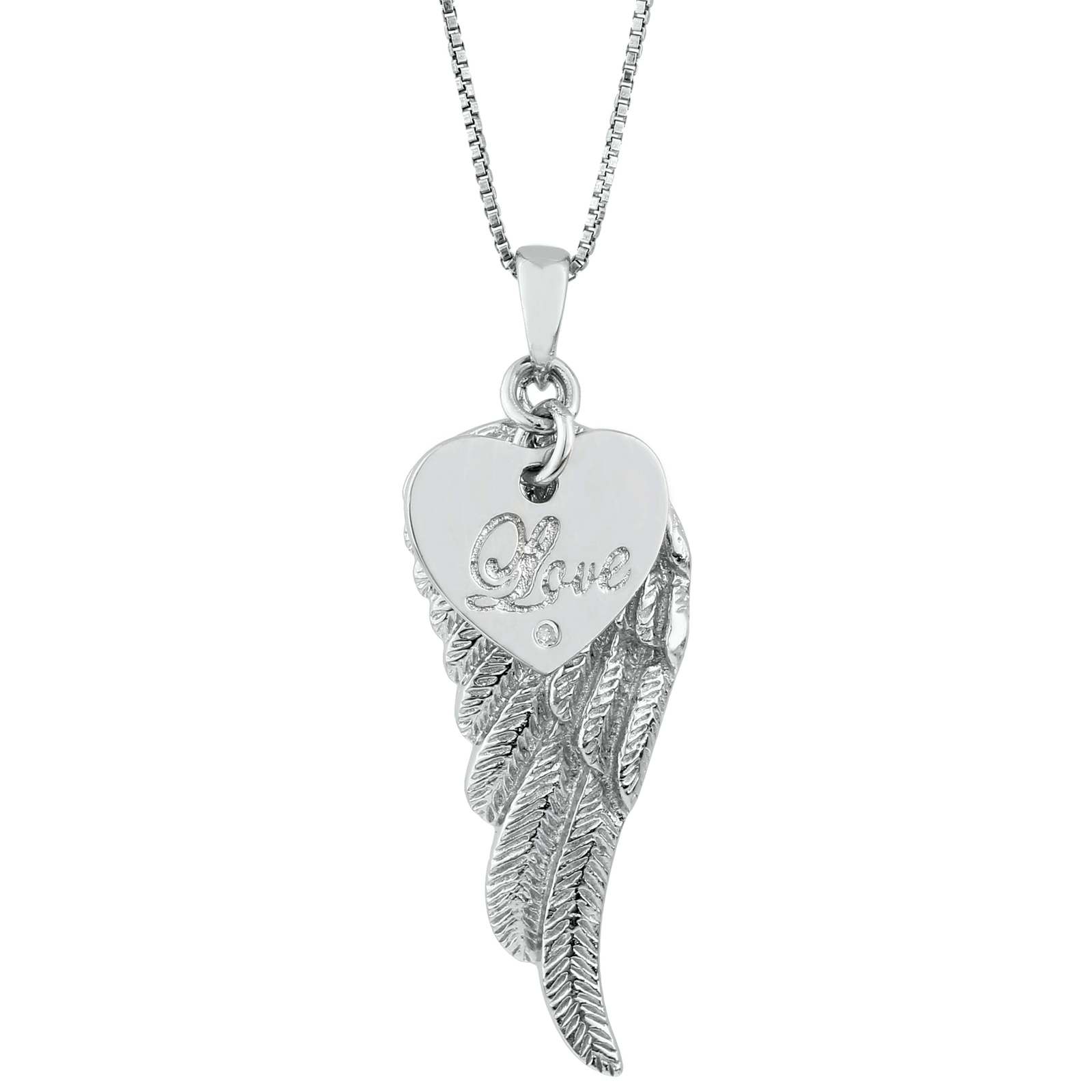 925 Sterling Silver Angel Wing Pendant with Diamond on 18 Inches Long Box Chain