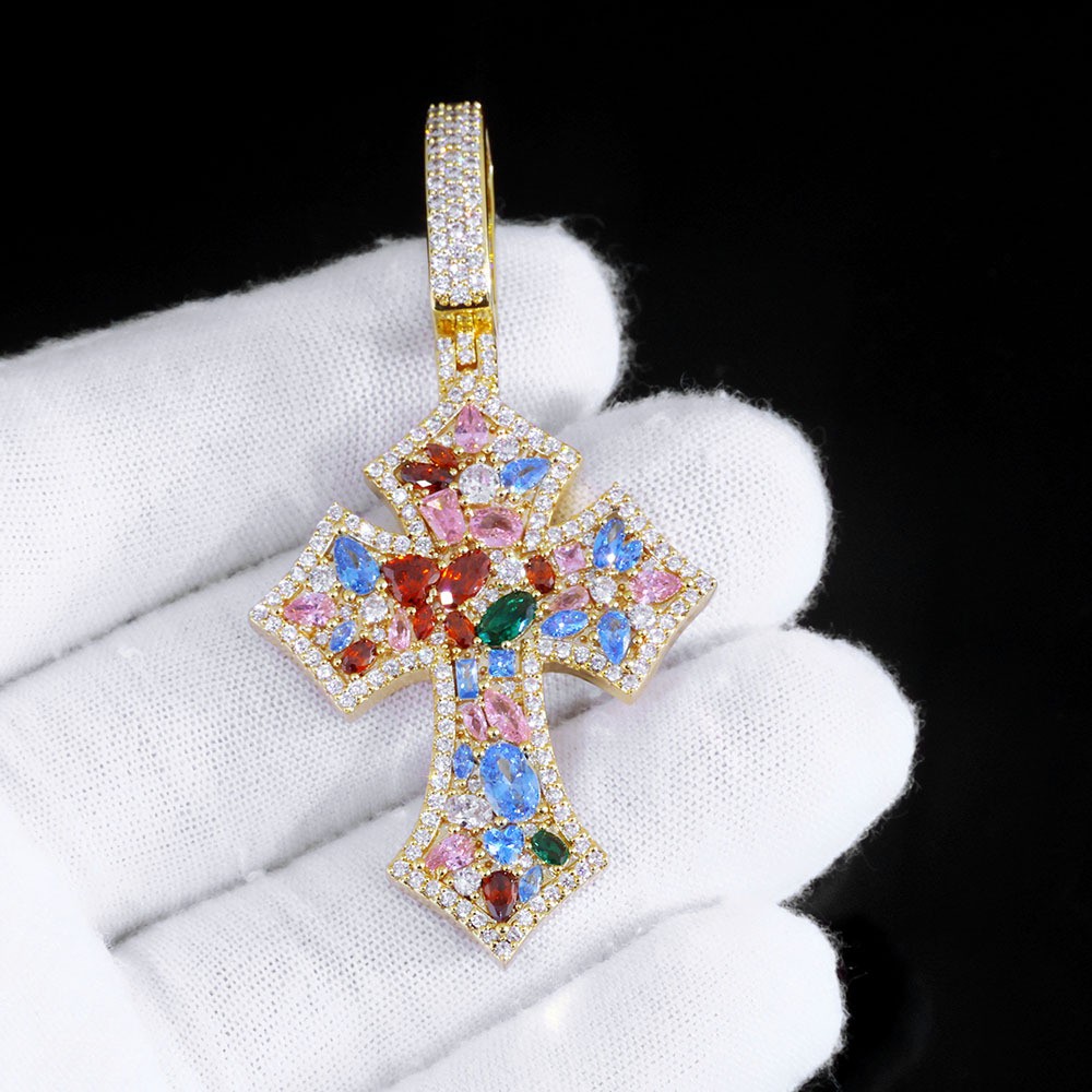 Mens Women Cross Pendant Gold Plated Colorful CZ Pendant Chain Gift Hip Hip