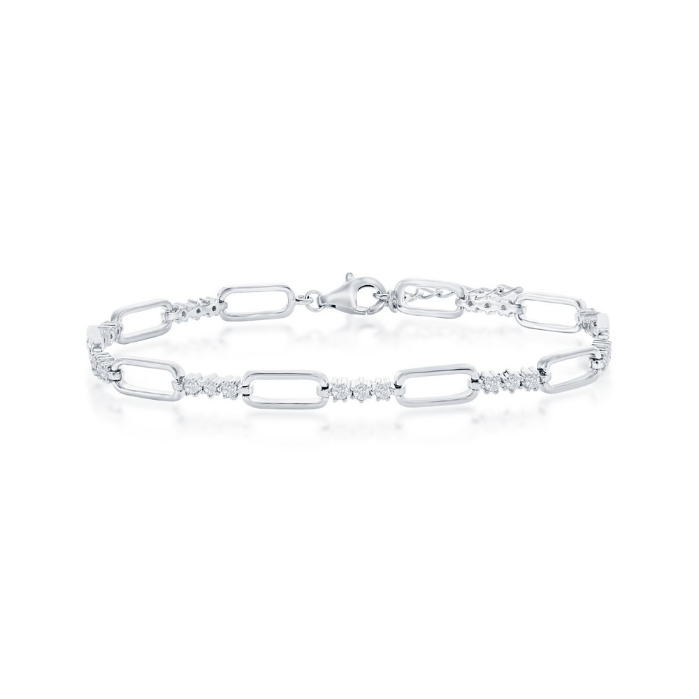 Sterling Silver Alternating Paperclip Design & CZ Bracelet Rhodium Plated