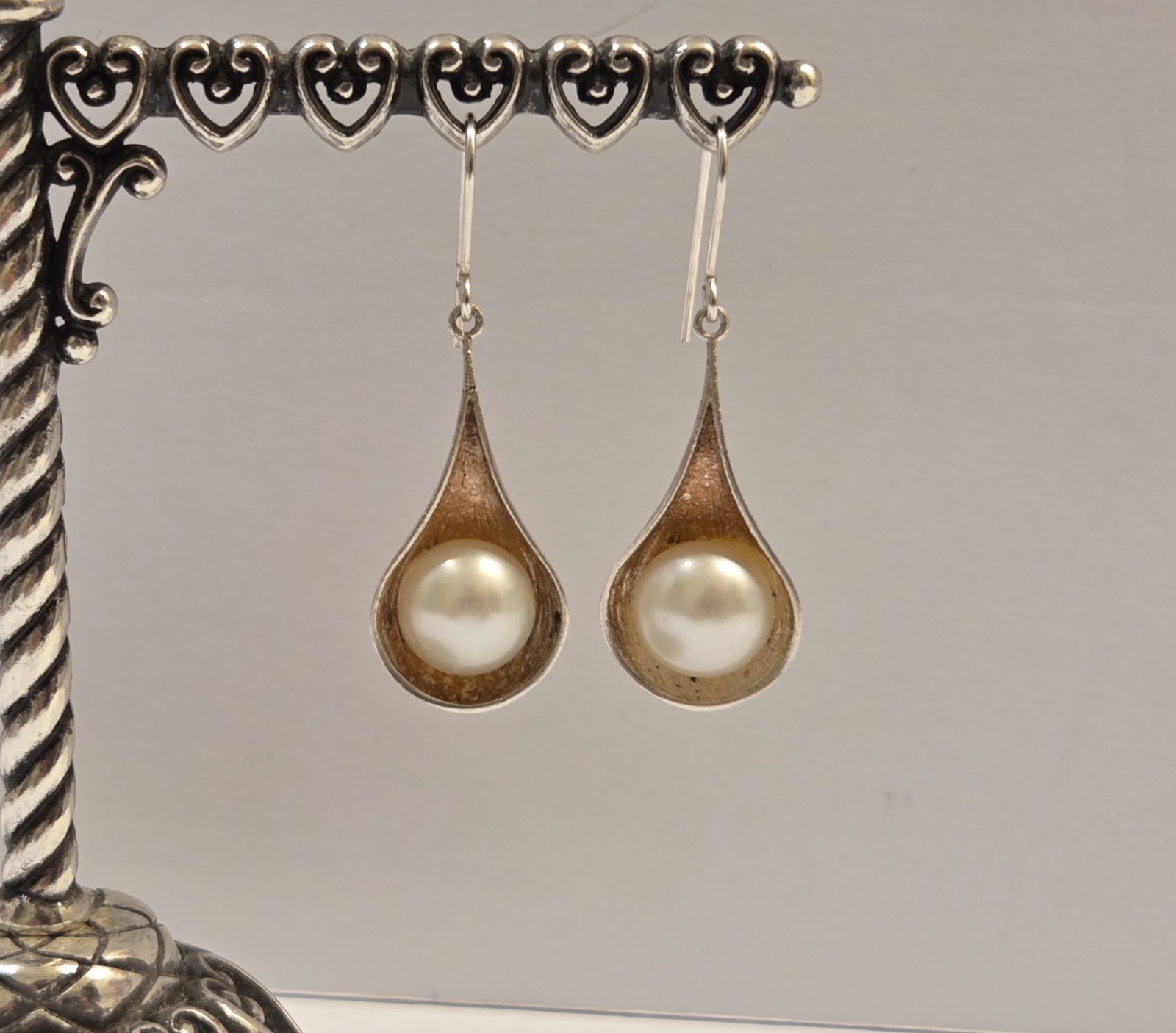 Vintage White Pearl Sterling Silver Pod Drop Italian Royal Chain RCI Earrings