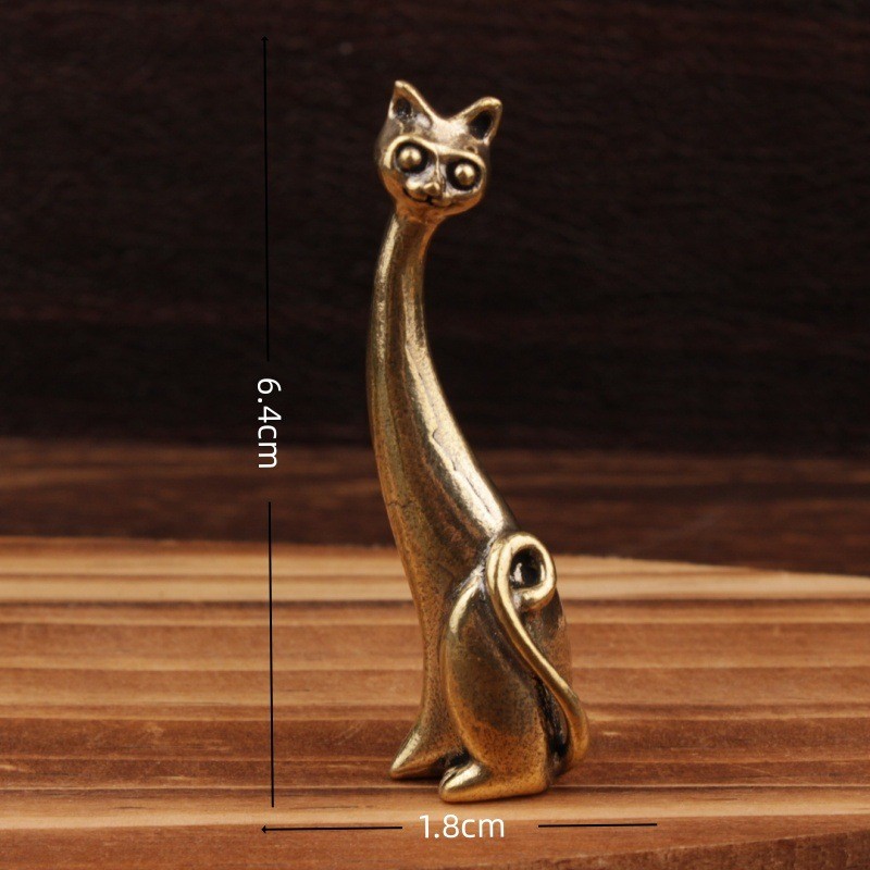 Curly Tail Long Neck Cat Ring Holder, Brass Desk Ornament Office Decor
