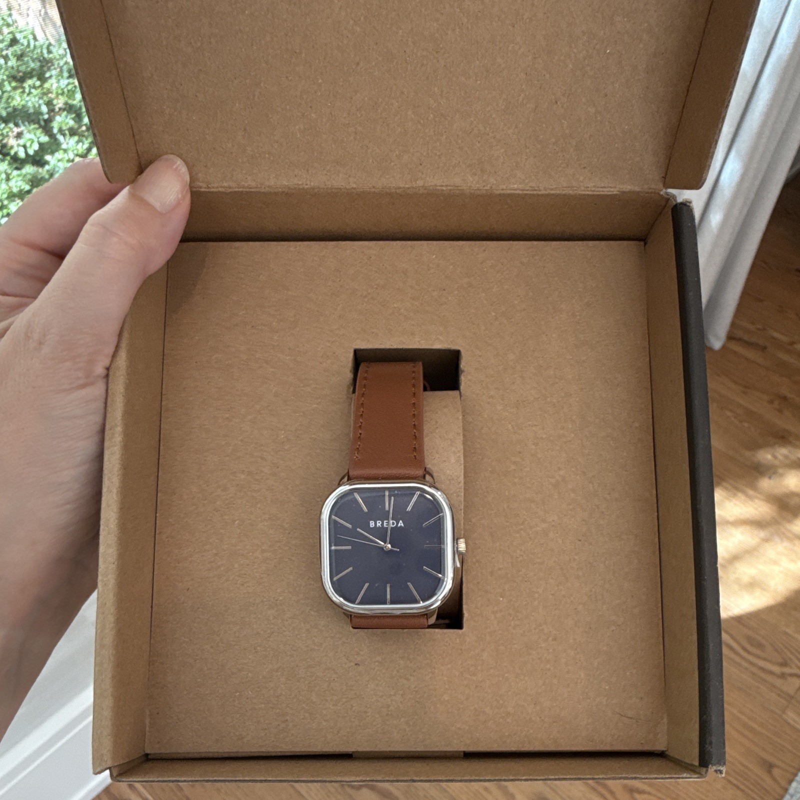 BREDA Visser Unisex Watch 32mm Silver Case Brown Leather Strap NIB