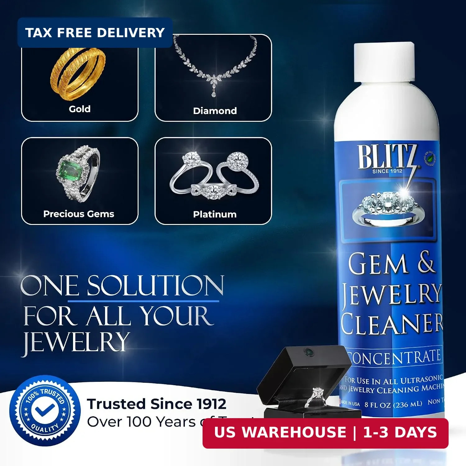 Blitz Gem & Jewelry Cleaner Liquid Concentrate for Gold, Silver, & Platinum Jewe