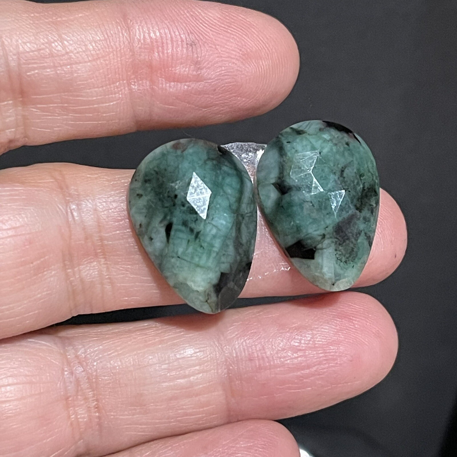 24.3ct 22×15.8×4.7mm Pair Green Emerald Rose Cut Flat Back Teardrop Cabochons