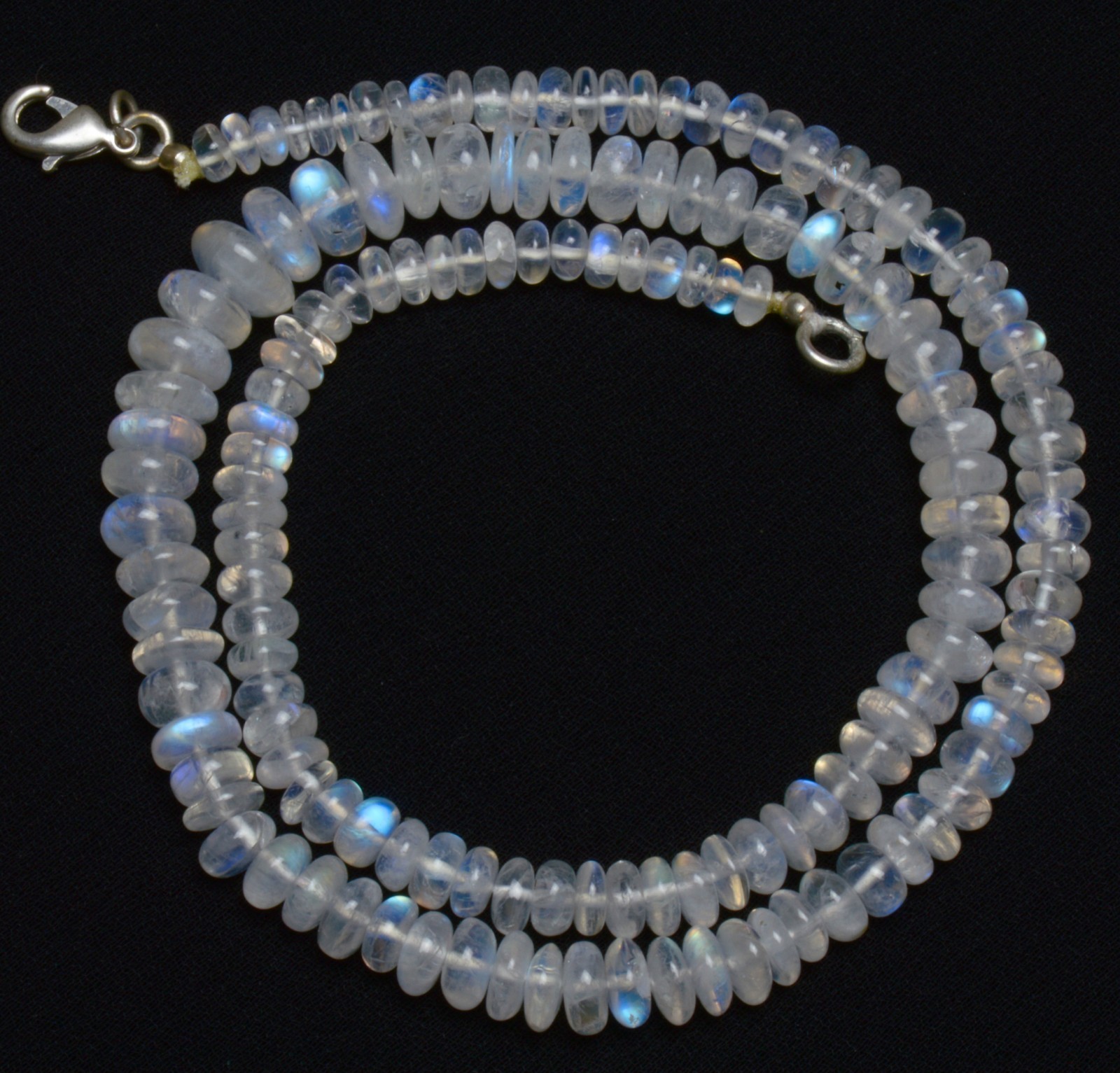 NATURAL GEM BLUE FIRE RAINBOW MOONSTONE SMOOTH 5-10MM RONDELLE BEADS 18″NECKLACE