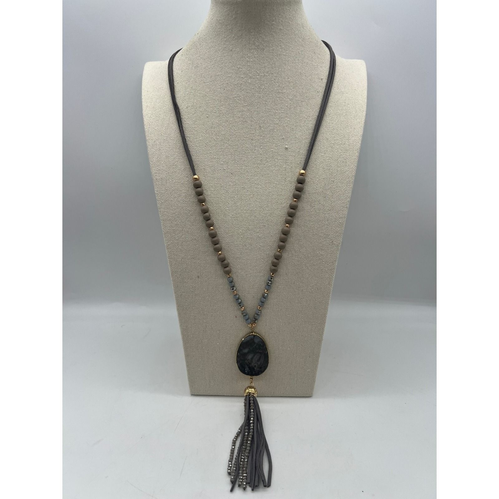 Gray Agate Slice Tassel Pendant Necklace Boho Statement Long Beaded Gray Stone