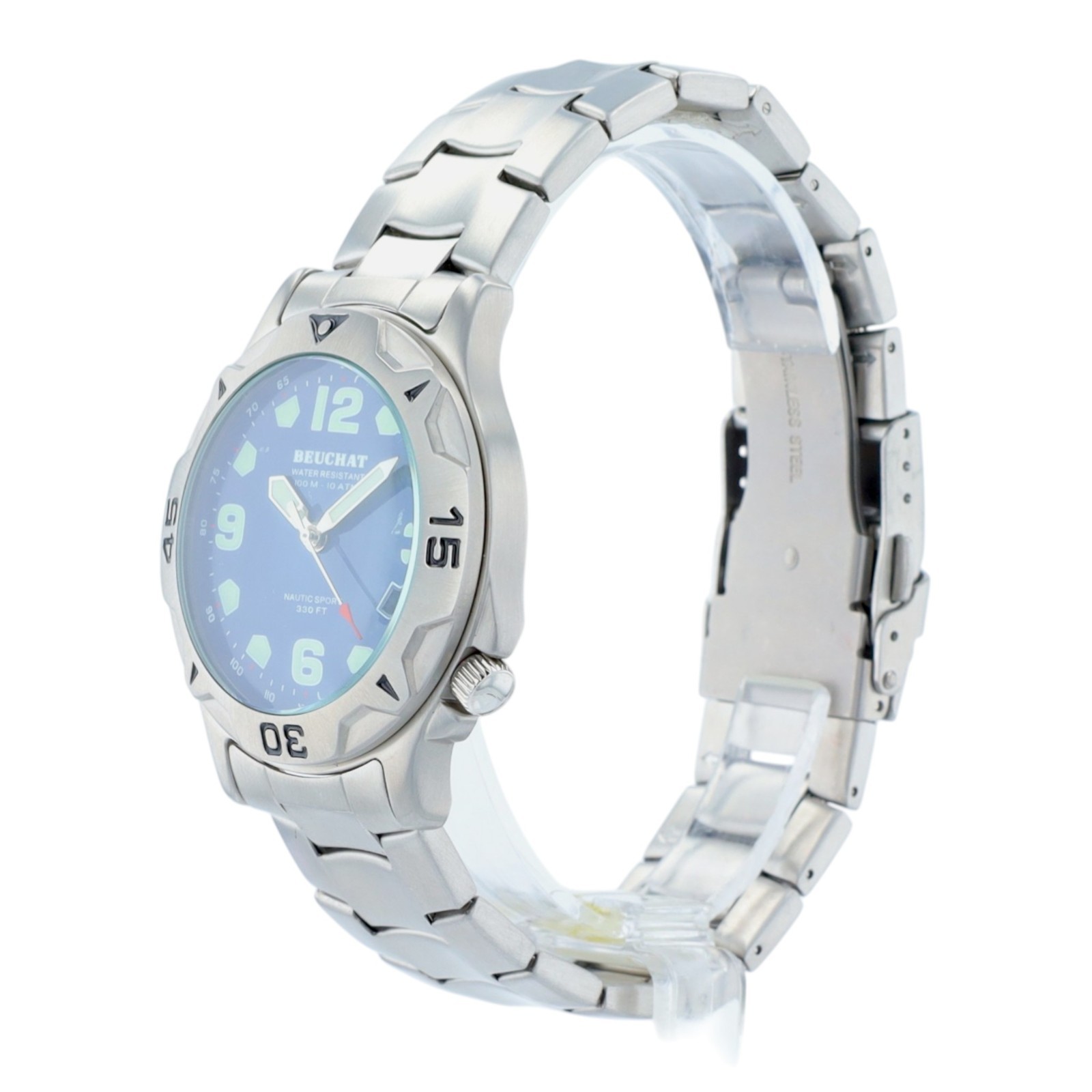 Beuchat Nautic Sport Mens Watch Blue Dial Swiss Steel 100M Diver Date Quartz