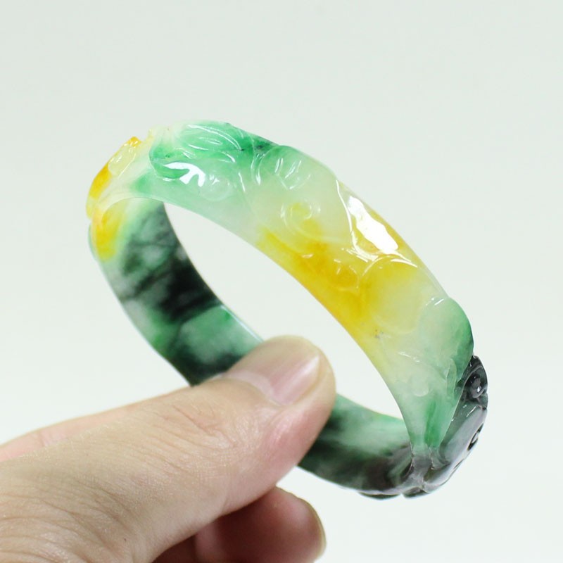 61mm Real Natural Ice Multicolor Burmese Jade jadeite Carving Bracelet Bangle