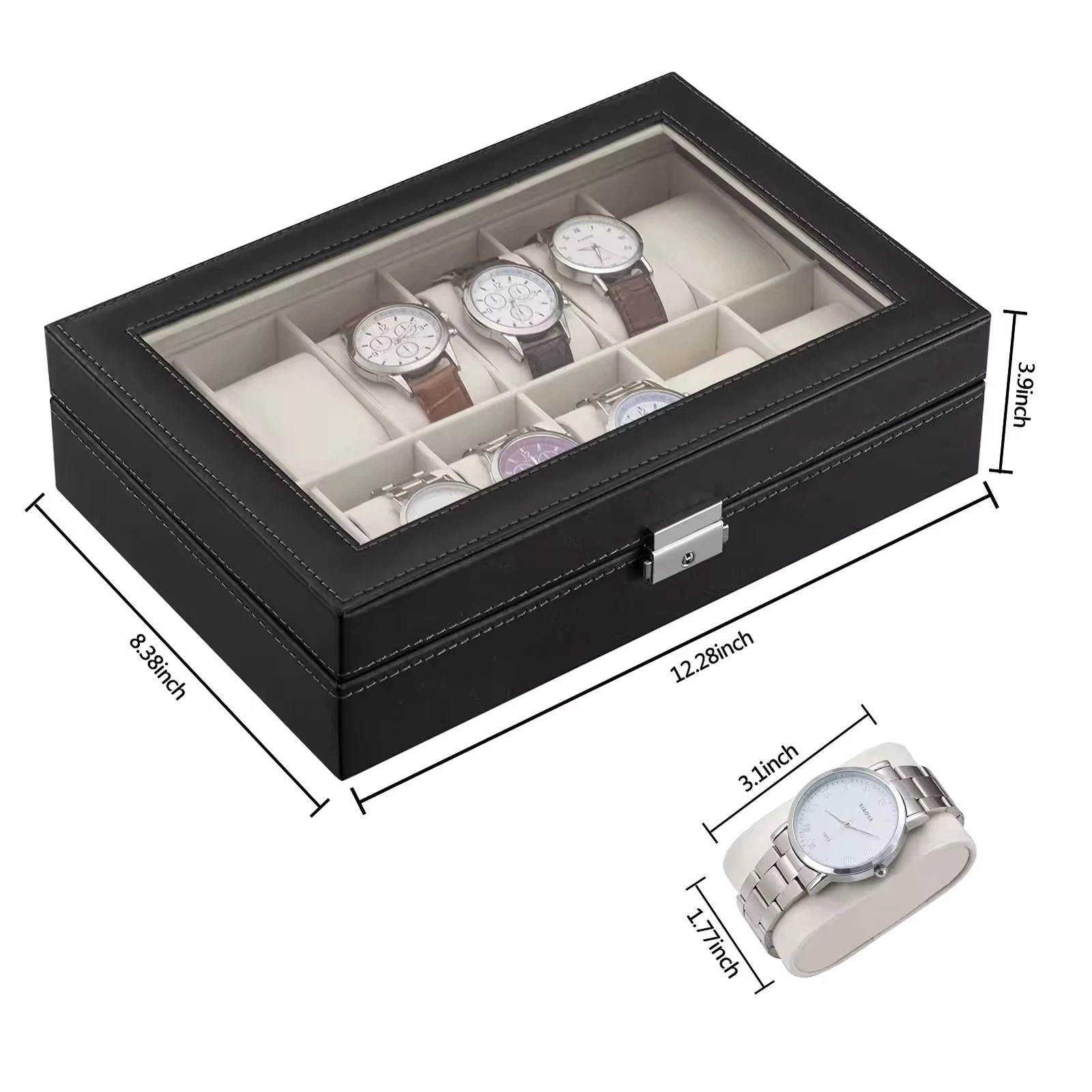 Mens Watch Box Display Case Storage Organiser PU Leather Holder Glass Top Gift