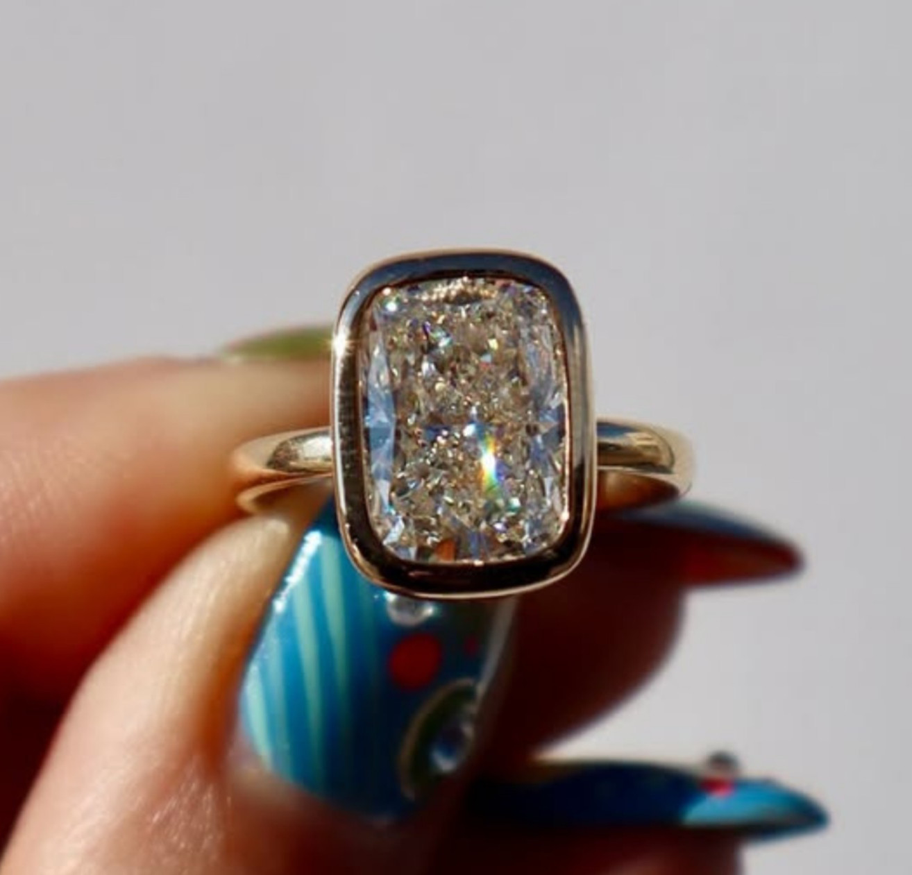 4 CT Elongated Cushion Bezel Moissanite Engagement Ring 14K Yellow Gold Plated