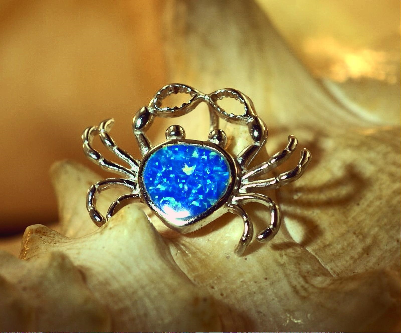 22.5mm Rhodium Plate 925 Silver Textured Hawaiian Crab Inlaid Opal Slide Pendant
