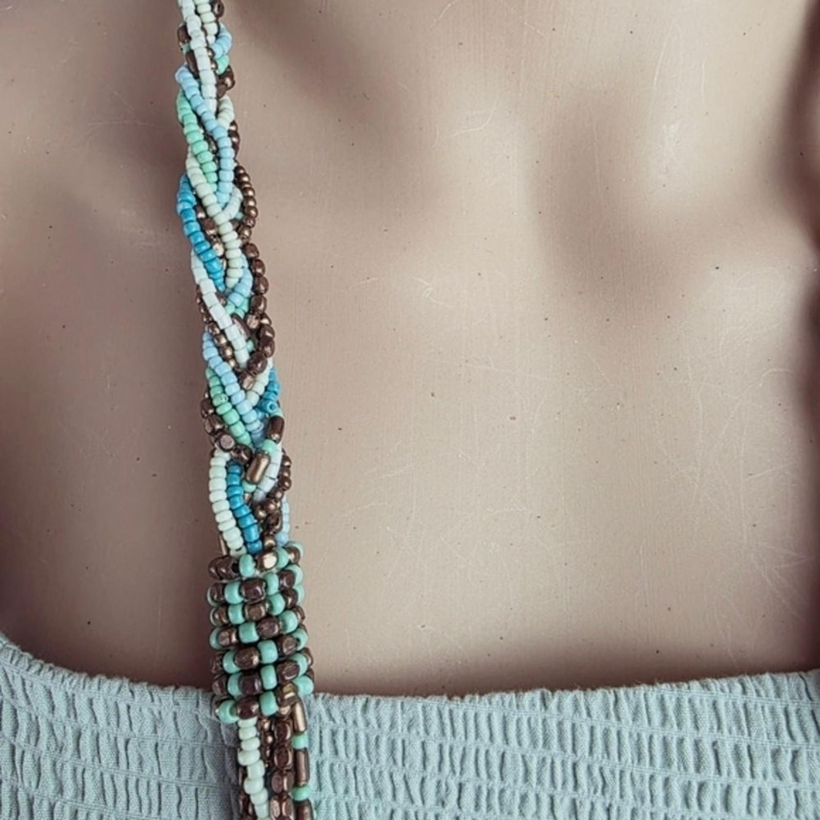 Multicolor Beaded Braided Necklace Boho Layered Blue Turquoise Brown Green Tan