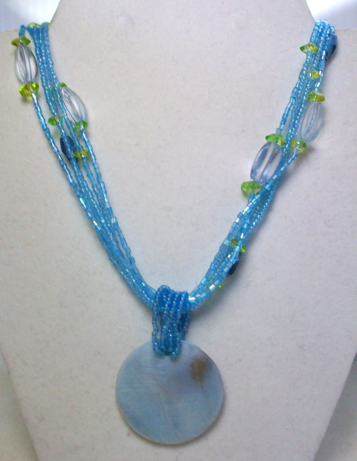 Natural Shell Pendant Necklace Blue Multi Strand Seed Beads Beach Vacation 22″