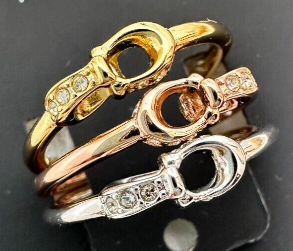 Coach Interlocking C Pavé Ring Set Size 7 Tri Tone Gold Silver Rose Gold