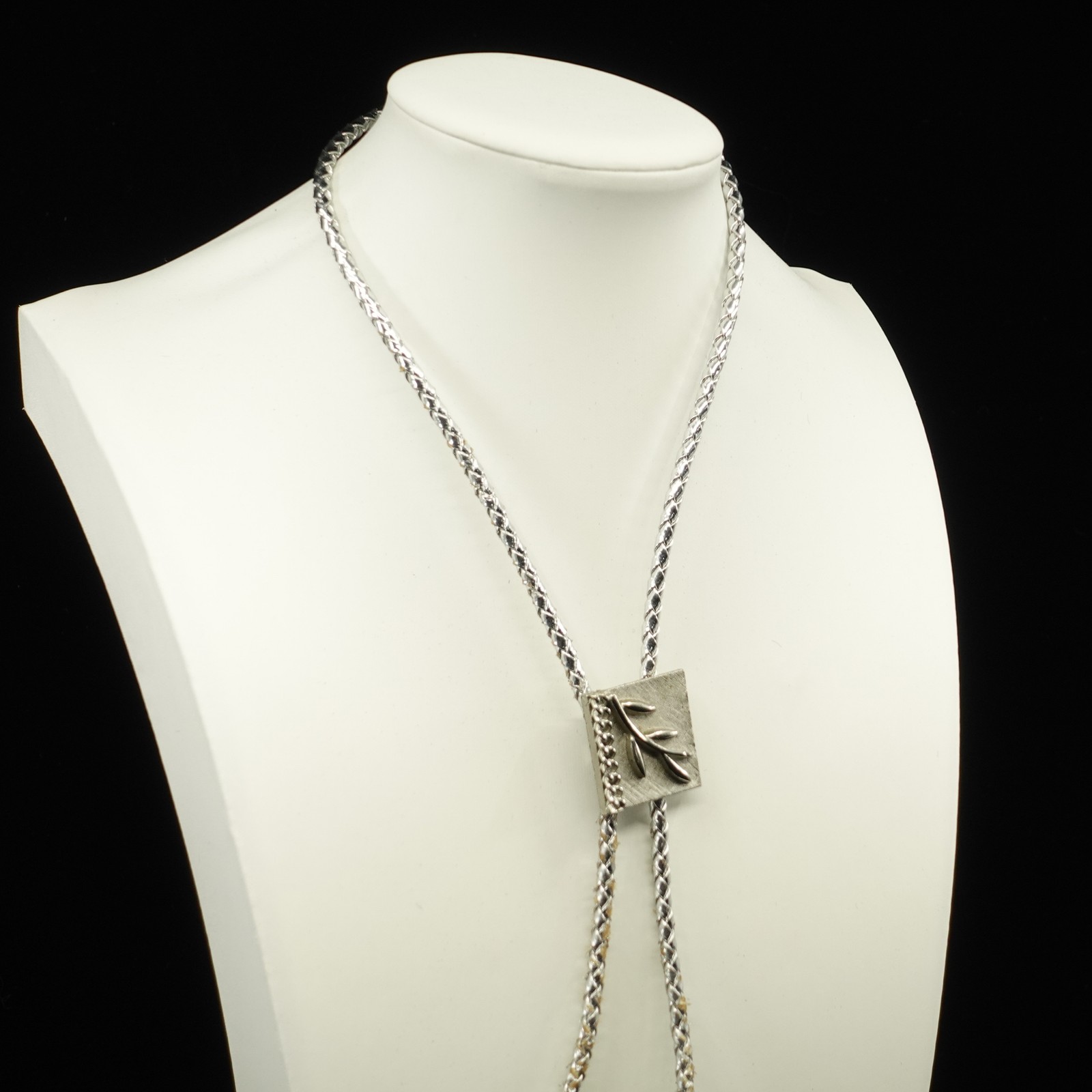 Bolo Tie | 70s Sterling Silver Square with Textured Olive Branch