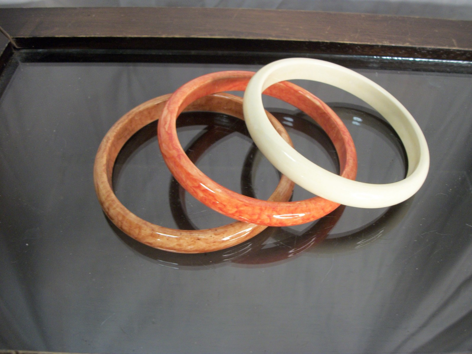 Vintage 3 Piece Set Of Acrylic Bangle Bracelets Marbled Red, Ivory & Brown